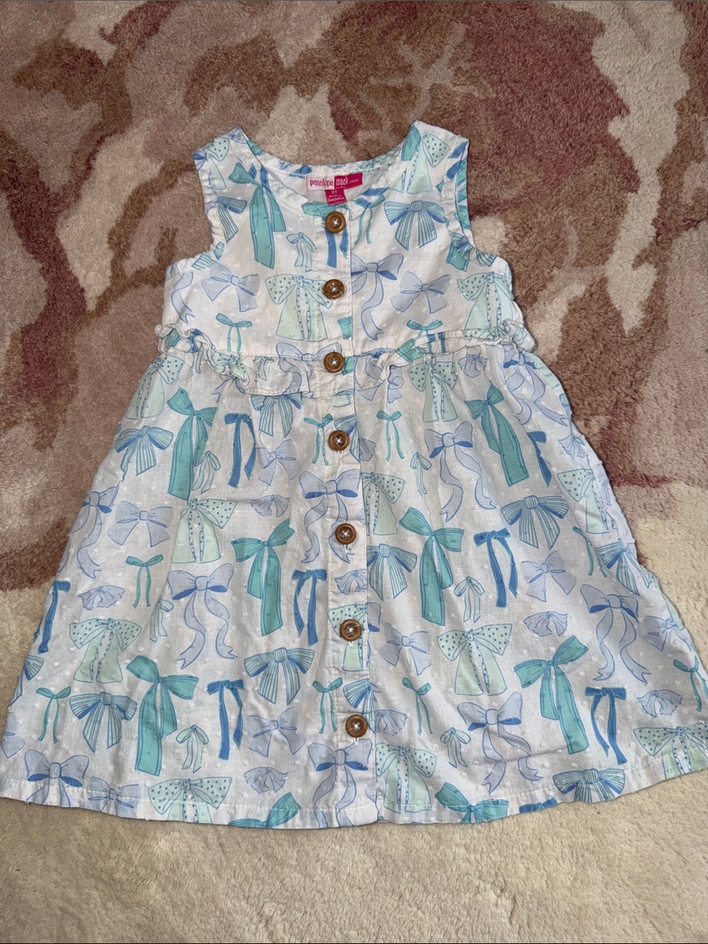 Penelope Mack White Dress with Blue and Aqua Bow Print